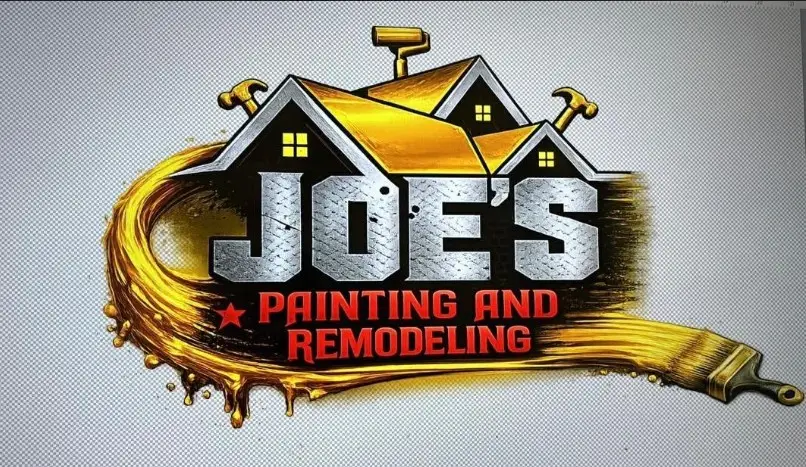 Logo for JOES Painting and Remodeling featuring three black and yellow house roofs with tools, and a paintbrush creating a golden-yellow paint swirl framing the text.